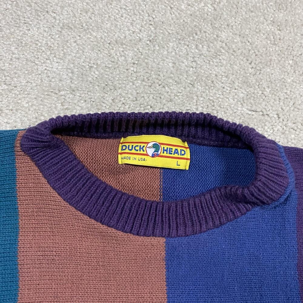 Vintage Duck Head Sweater Mens L Multicolor Stripe Knit Crewneck Made USA 90s - Picture 2 of 8